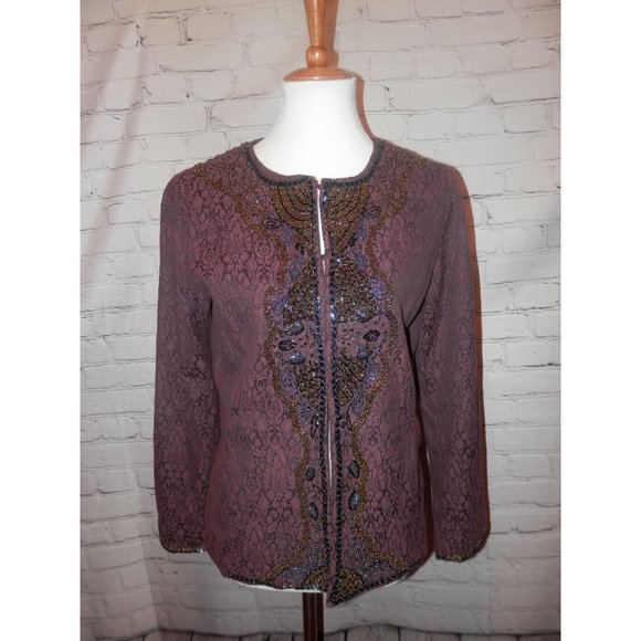 CHICO'S Jacket 1 Medium Burgundy Heavily Beaded